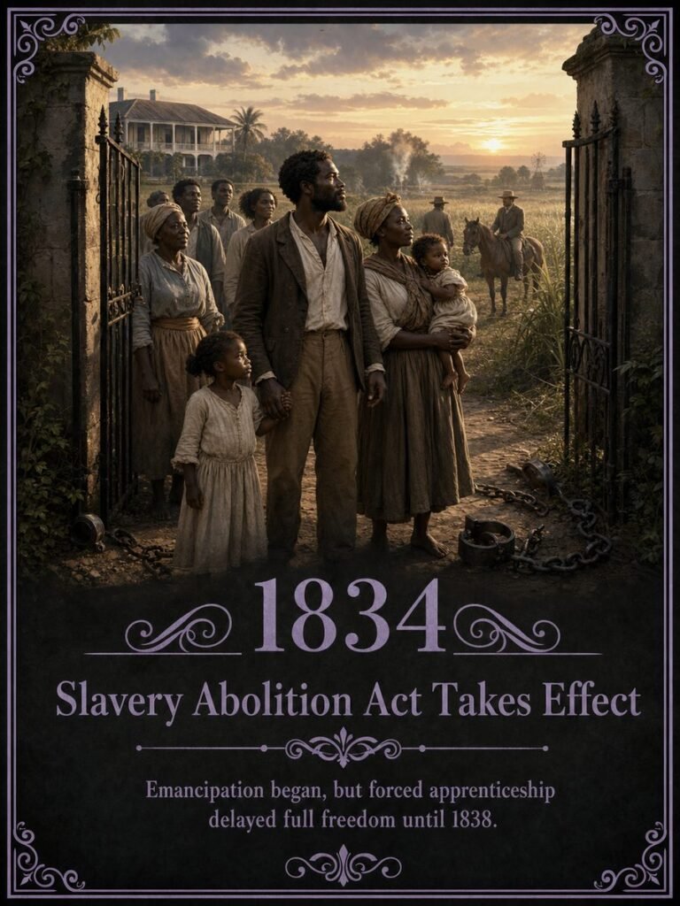 1834 — Slavery Abolition Act takes effect across much of the British Empire