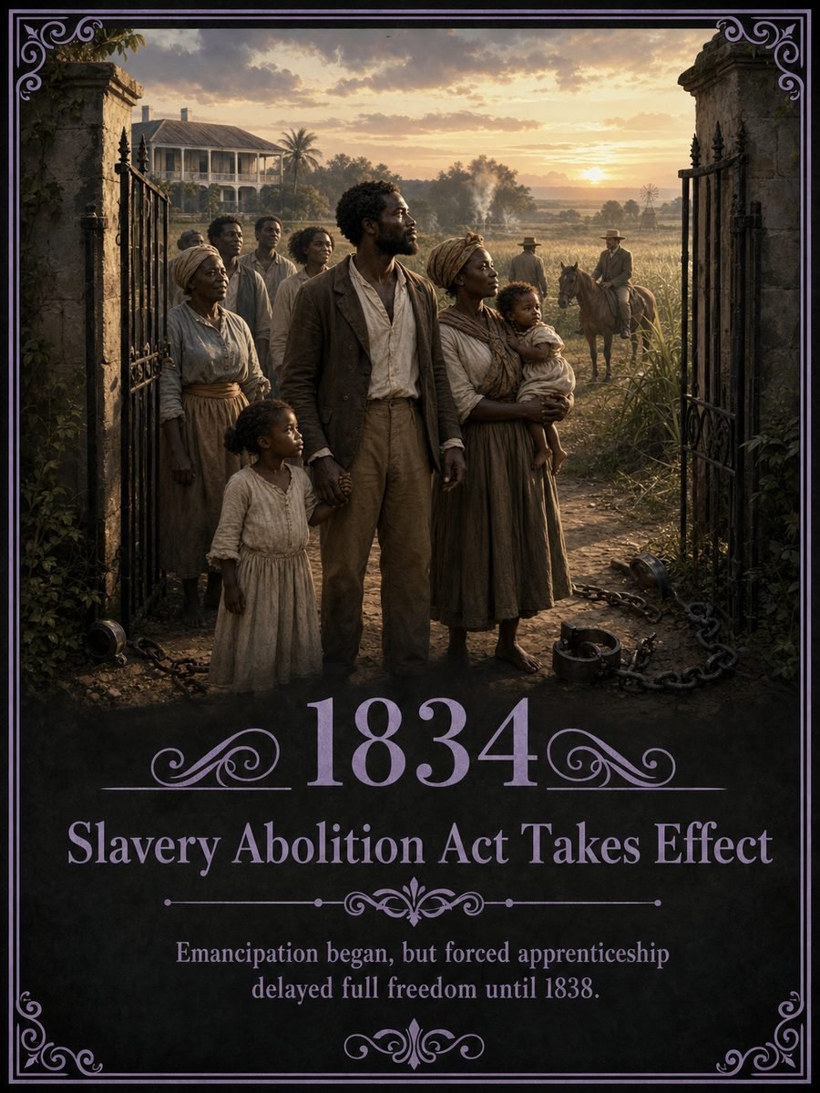 1834 — Slavery Abolition Act takes effect across much of the British Empire