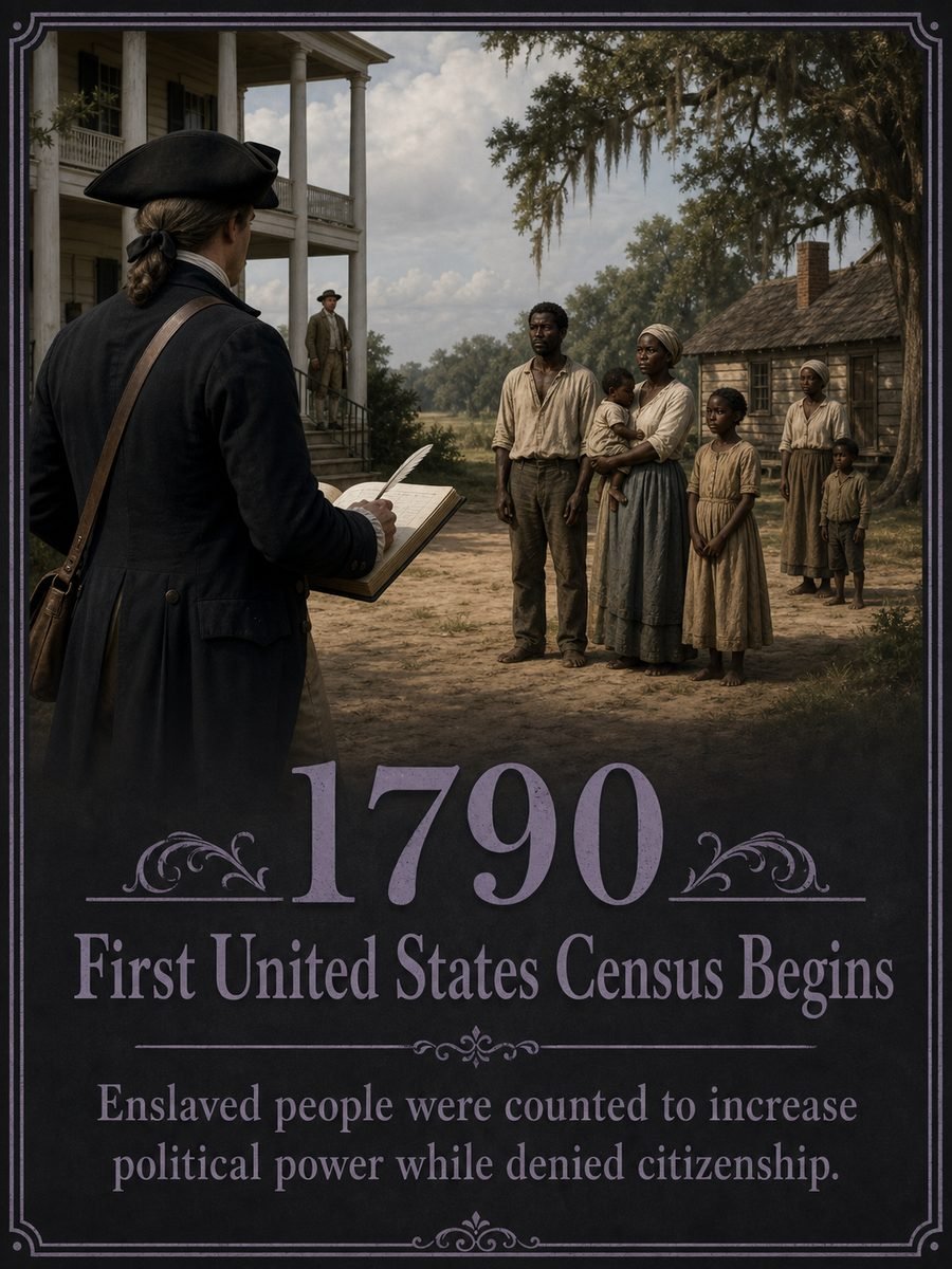 1790 — First United States census begins under the three-fifths system
