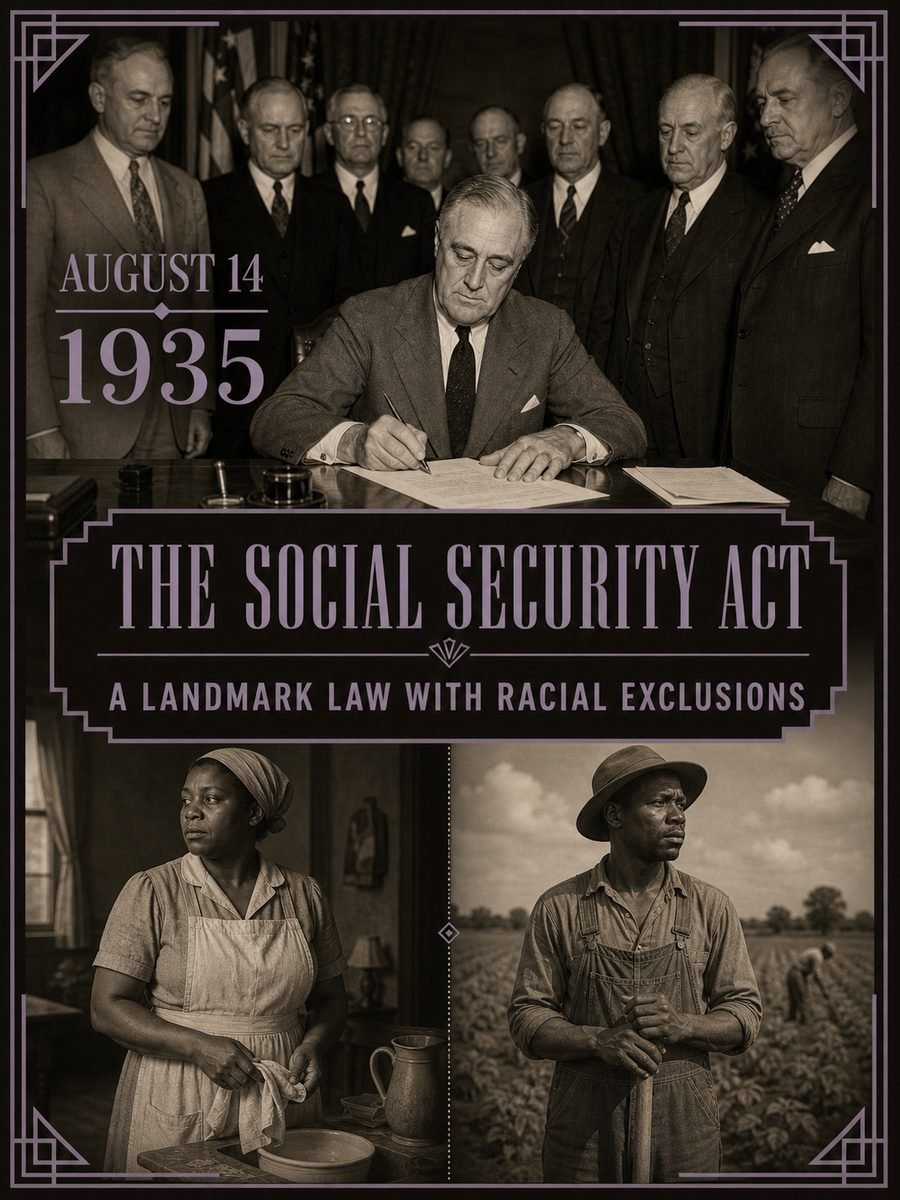 1935 — Social Security Act is signed with major worker exclusions