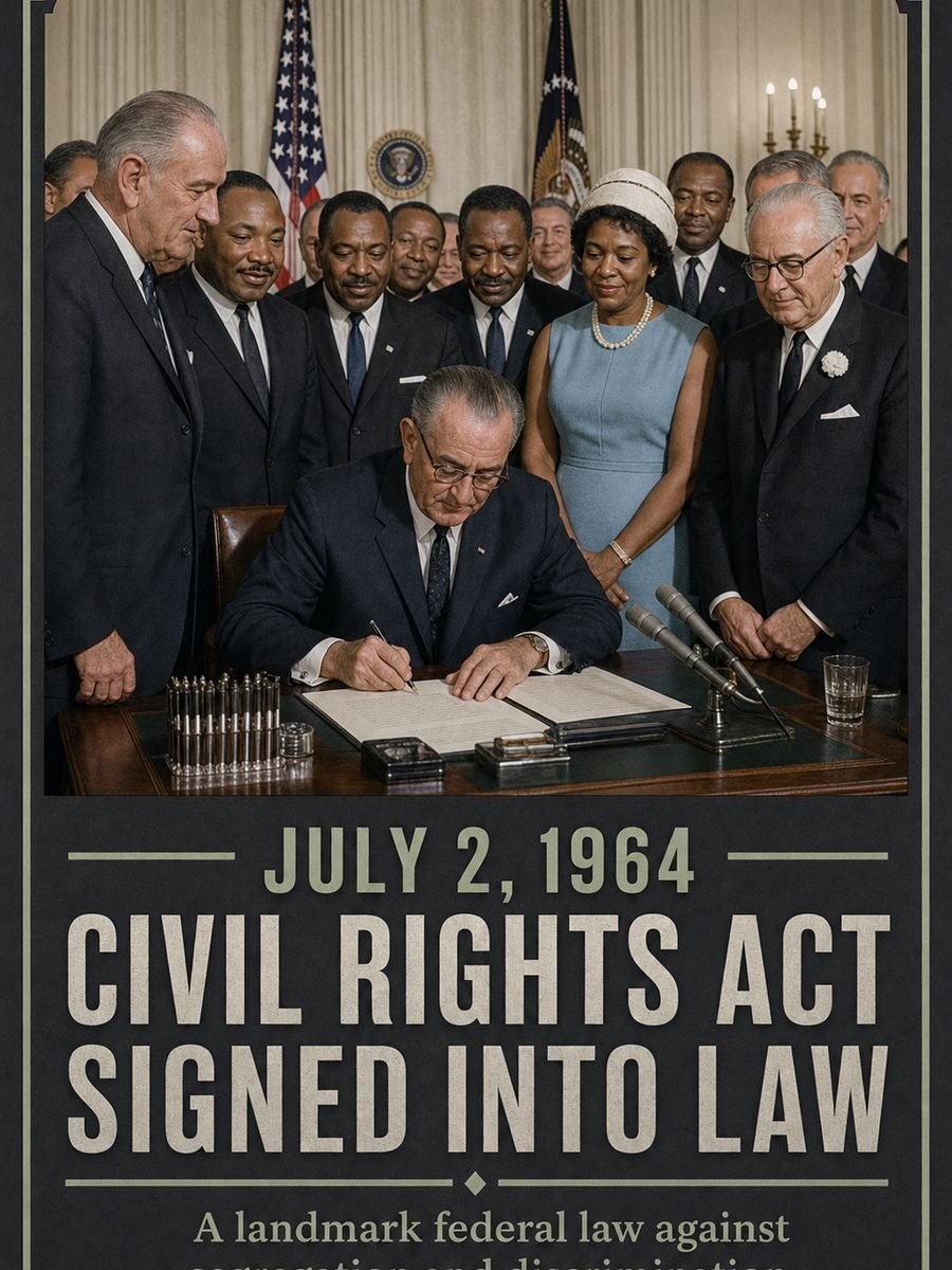 1964 — Civil Rights Act of 1964 signed into law