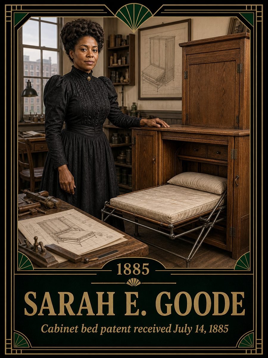 1885 — Sarah E. Goode receives cabinet bed patent