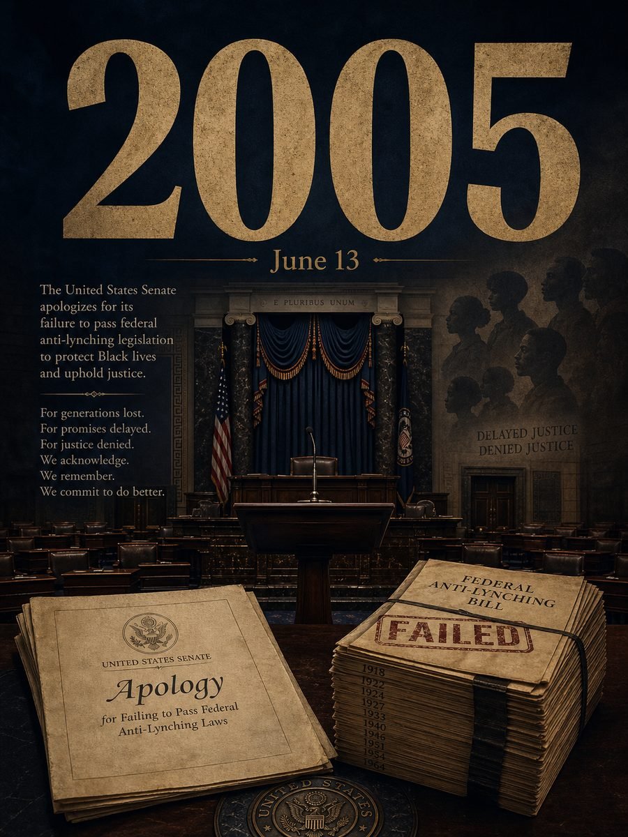 2005 — The U.S. Senate apologizes for failing to pass anti-lynching laws