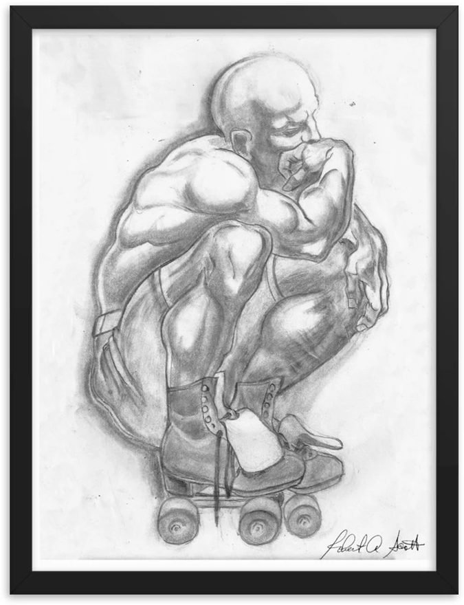 True Skater Thinker — graphite figure crouched on skates