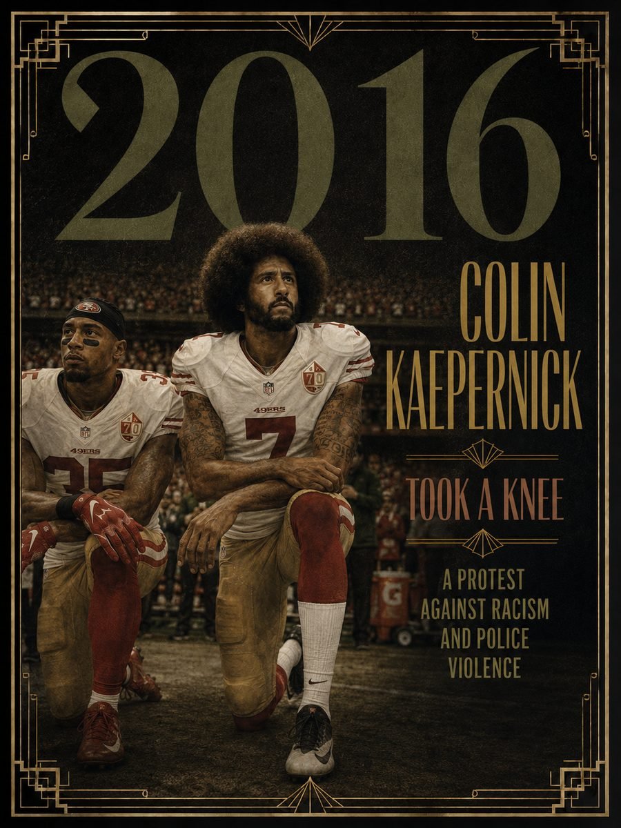2016 — Colin Kaepernick kneels during the national anthem for the first time