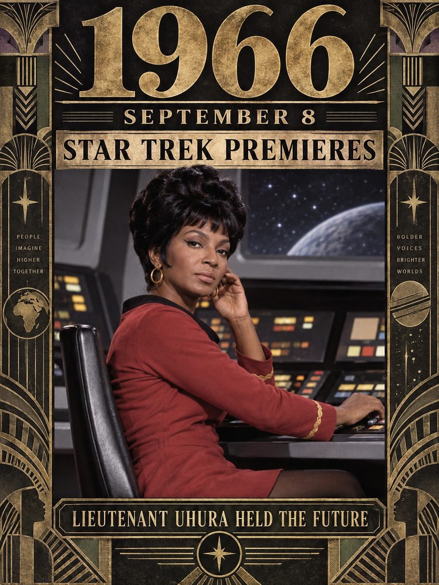 1966 — Star Trek premieres with Nichelle Nichols on the bridge