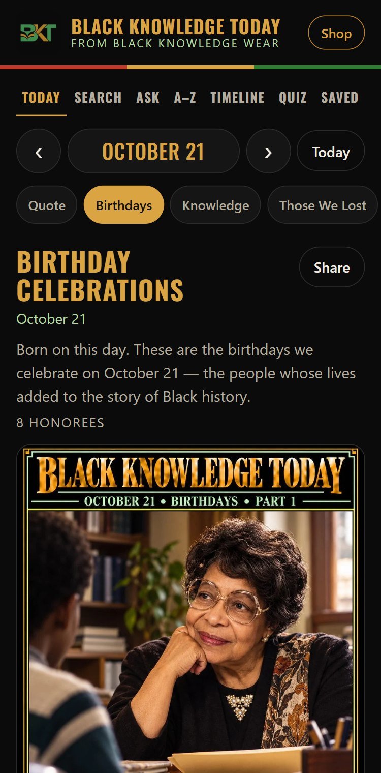 The Black Knowledge Today app showing the October 21 Birthday Celebrations