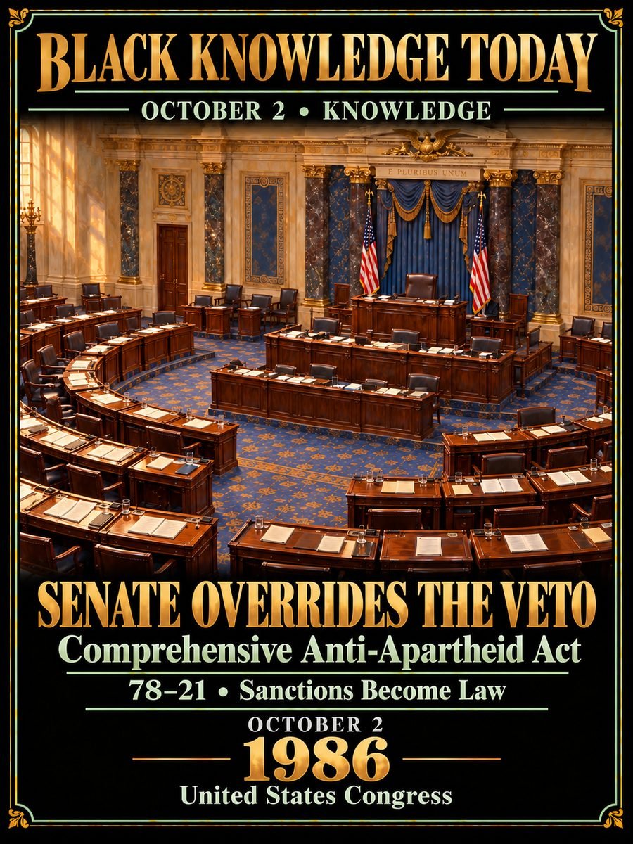 1986 — The Senate overrode Reagan's veto and the Comprehensive Anti-Apartheid Act became law