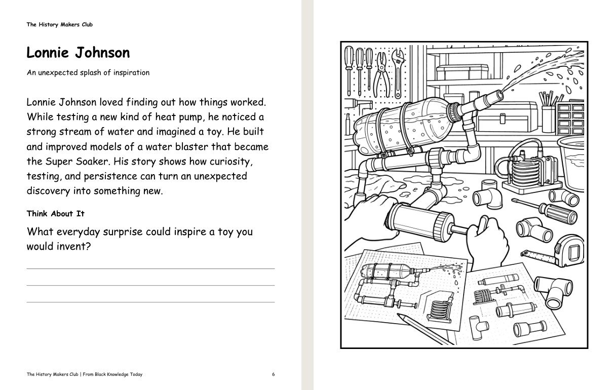 A story page and its coloring page from Brilliant Black Inventors Vol 1