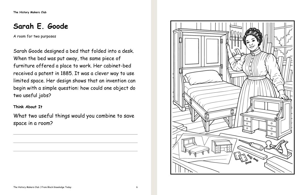 A story page and its coloring page from Brilliant Black Inventors Vol 2